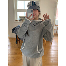 批发韩系复古休闲宽松<b class='q'>男</b>友风华夫格百搭显瘦拼色连帽卫衣