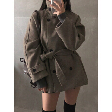 批发设计感系带毛呢大衣外套女