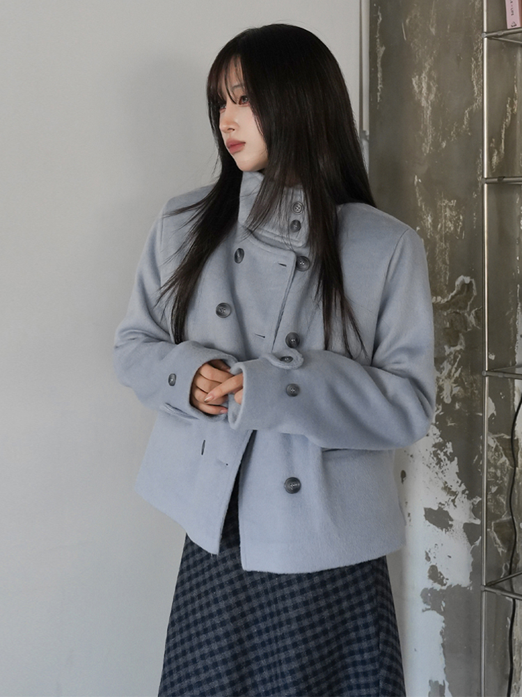 있음 선적 레트로 정장 칼라 이중 버튼 주머니 작은 대중 루즈핏 다용도 짧은 머리 여성 코트 새로운 색상