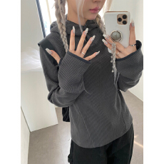 批发已出货 复古机能风小高领系扣百搭华夫格连帽宽松<b class='q'>卫衣</b>T恤上衣女