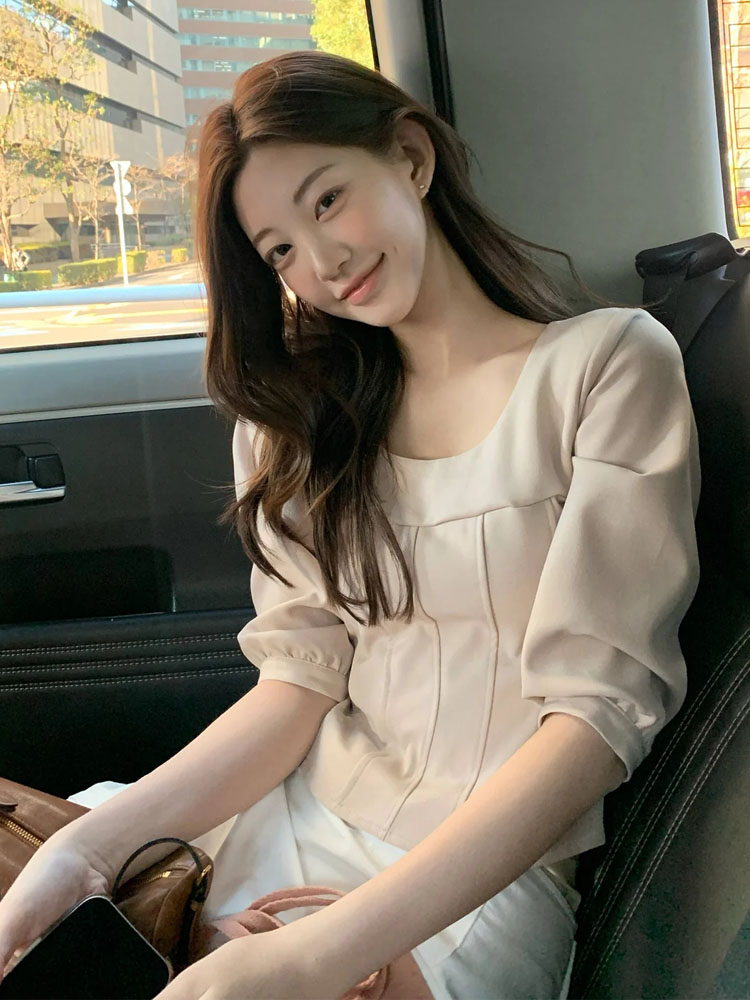 있음 선적 레트로 미니멀리즘 숙련 된 u 칼라 7 분 소매 셔츠