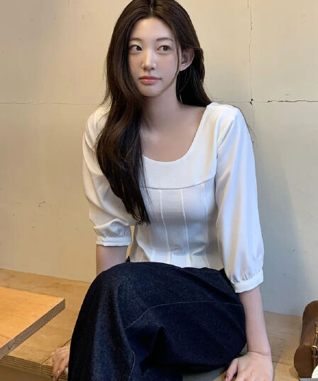 있음 선적 레트로 미니멀리즘 숙련 된 u 칼라 7 분 소매 셔츠