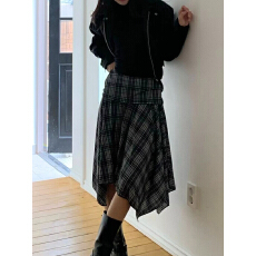 批发格纹半身裙女显瘦高腰<b class='q'>百搭</b>设计感不规则a字中长裙