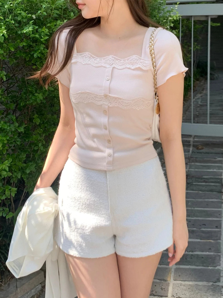 레이스 레이스 몸매 가꾸기 단추 반팔 티셔츠