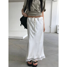 批发已出货 直筒蕾丝拼接缎面半身裙