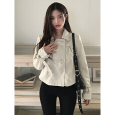 批发设计感休闲短款双排扣翻领风衣夹克<b class='q'>外套</b>