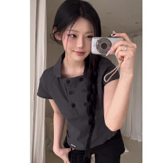 批发双排扣翻领短袖衬衫修身上衣直井怜同款