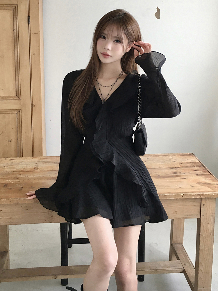 있음 선적 슈퍼 요정 프릴 작은 키 나팔 긴팔 드레스 투피스 세트