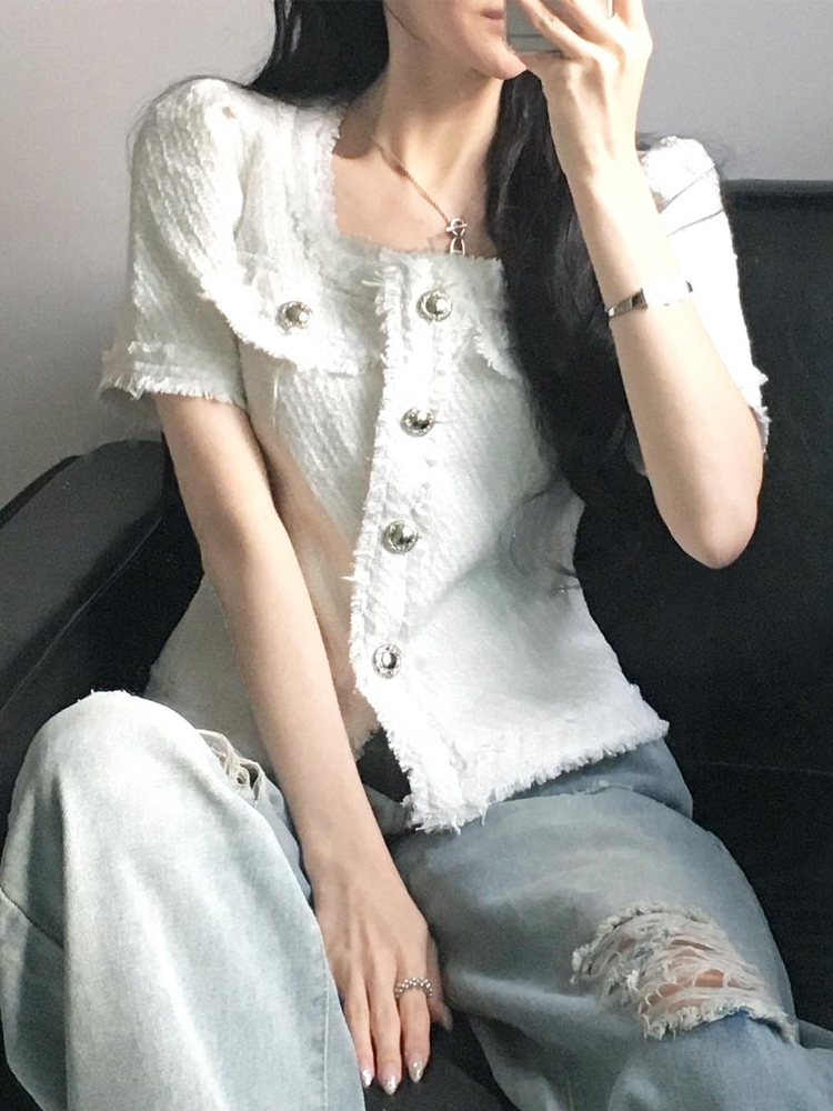 품격 작은 샤넬 스타일 광장 칼라 몸매 가꾸기 슬림해 보이는 줄무늬 레이스 반팔 트위드 짧은 여성 코트