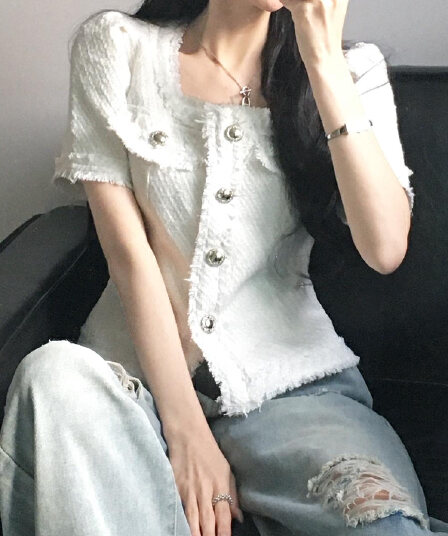 품격 작은 샤넬 스타일 광장 칼라 몸매 가꾸기 슬림해 보이는 줄무늬 레이스 반팔 트위드 짧은 여성 코트