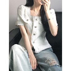 批发气质小香风方领<b class='q'>修身</b>显瘦流苏花边短袖粗花呢短外套女