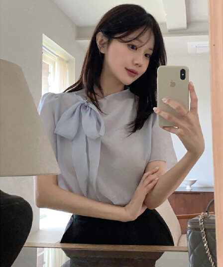여름 한 부서 부드러운 품격 칼라 나비 넥타이 반팔 셔츠