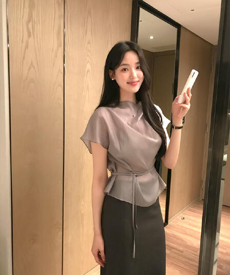 한 부서 품격 마이크로 ~을 통해 허리 레이스업 반팔 셔츠