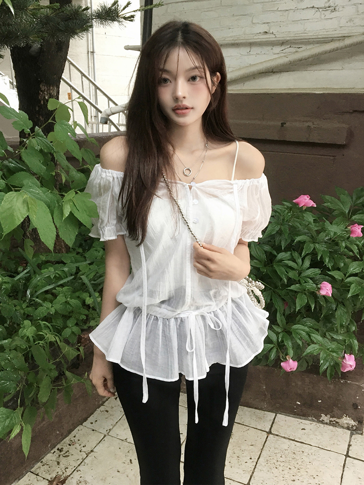 프랑스식 고급 센스 오프숄더 프릴 여성 셔츠 섹시함 허리 수축 레이스업 반팔 맨위