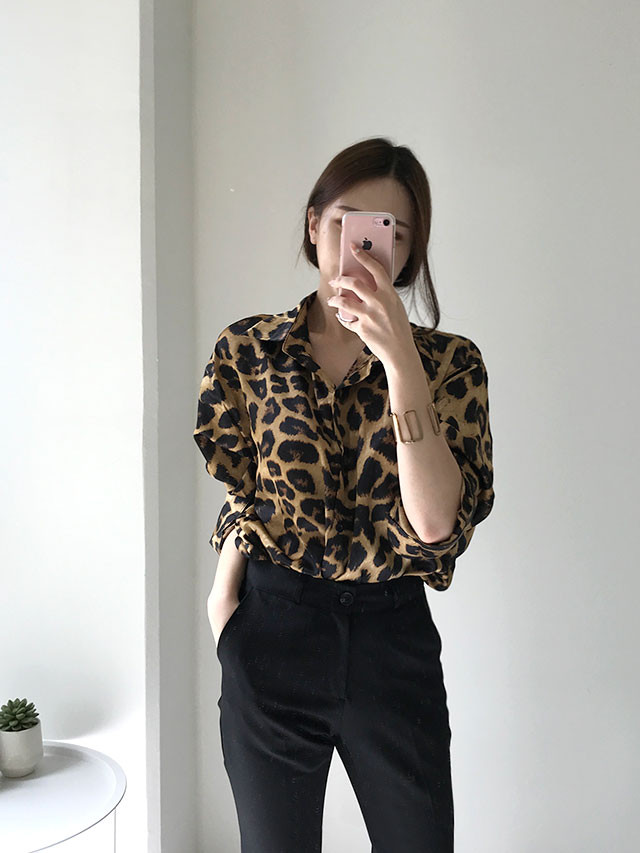 있음 선적 chic 레트로 레오파드 무늬 루즈핏 다용도 긴팔 셔츠