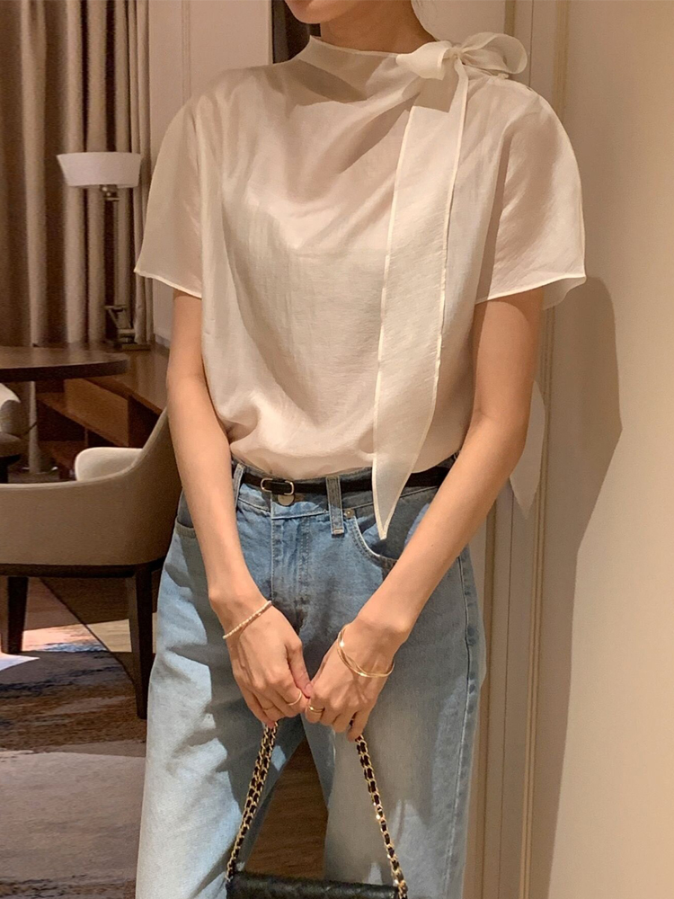 있음 선적 여름 한 부서 부드러운 품격 칼라 나비 넥타이 반팔 셔츠