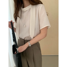 批发出货中 飘带短袖衬衫女夏设计感上衣优雅气质衬衣