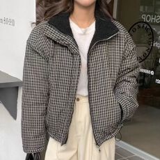 批发已出 <b class='q'>日系</b>休闲正反两穿羊羔毛内胆格子拉链棉衣
