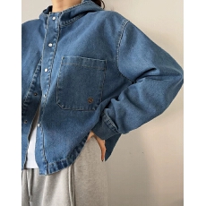 批发韩国2026牛仔衬衫外套带帽子个性前短后长