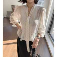 批发已出 韩国chic复古波点V领拼接飘带长袖衬衫女