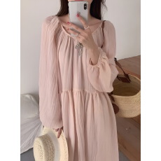 批发<b class='q'>韩国</b>chic春季法式温柔风圆领露背系带宽松褶皱泡泡袖仙女连衣裙女