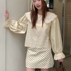 批发韩国东大门春季复古<b class='q'>刺绣</b>蕾丝宫廷气质双层蕾丝娃娃领喇叭袖<b class='q'>衬衣</b>女