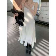 批发韩国小清新豹纹纯色吊带<b class='q'>连衣裙</b>女不规则下摆<b class='q'>长裙</b>