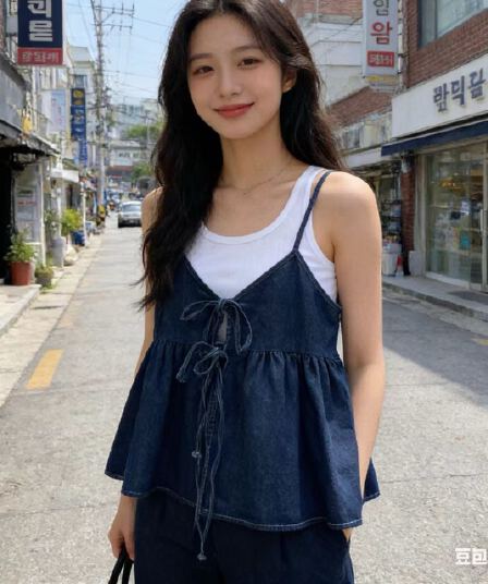 있음 밖으로 26 여름 한국 스타일 쇼트 스타일 데님 레이스업 캐미솔 맨위 여성
