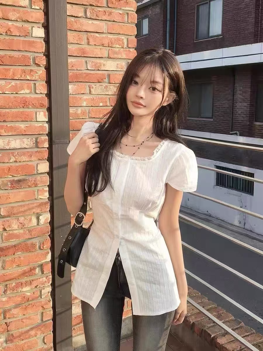 한국 동대문 2026 새로운 한국 chic 여름 분기 별 칼라 여성 셔츠 레이스업 허리 수축 작은 셔츠 맨위
