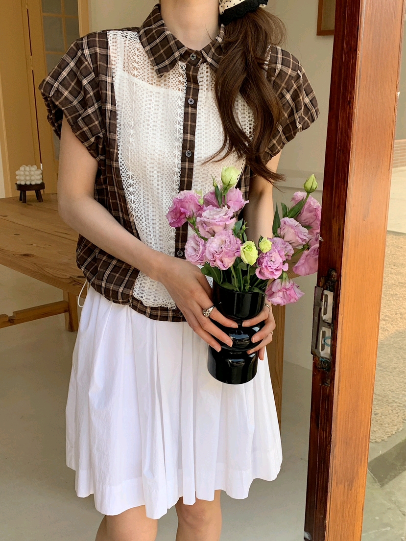 패치워크 레트로 체크무늬 여성 셔츠 여름 디자인 센스 홀로우 아웃 티셔츠 맨위