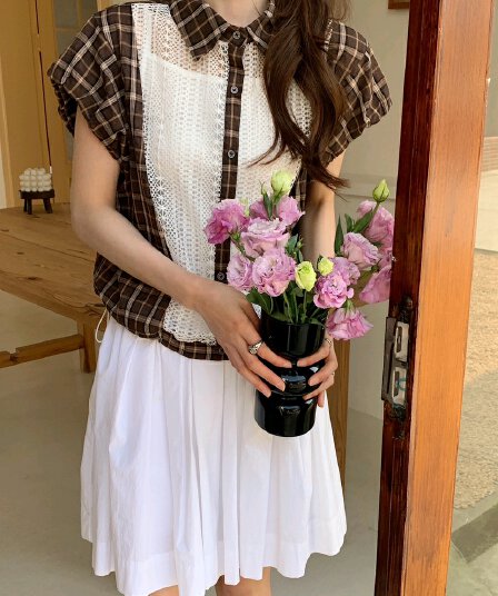 패치워크 레트로 체크무늬 여성 셔츠 여름 디자인 센스 홀로우 아웃 티셔츠 맨위