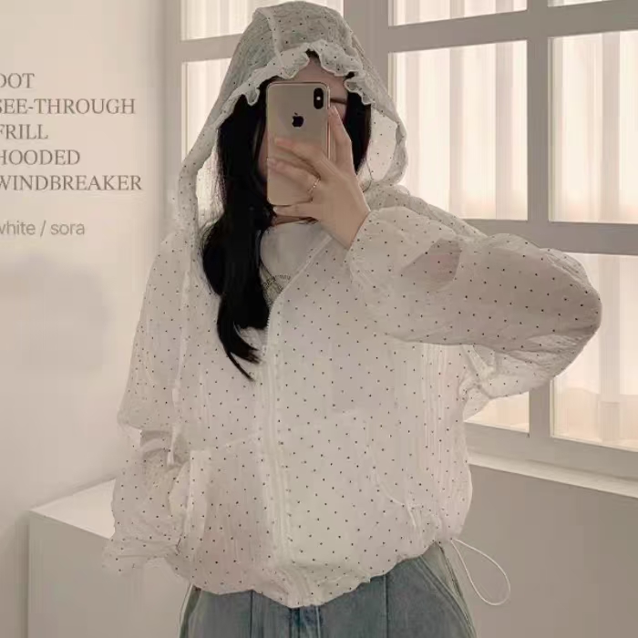 루즈핏 도트 무늬 캐주얼 다용도 후드 지퍼 방풍 재킷 자외선 차단 의류 여성
