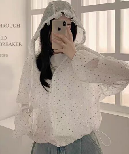 루즈핏 도트 무늬 캐주얼 다용도 후드 지퍼 방풍 재킷 자외선 차단 의류 여성