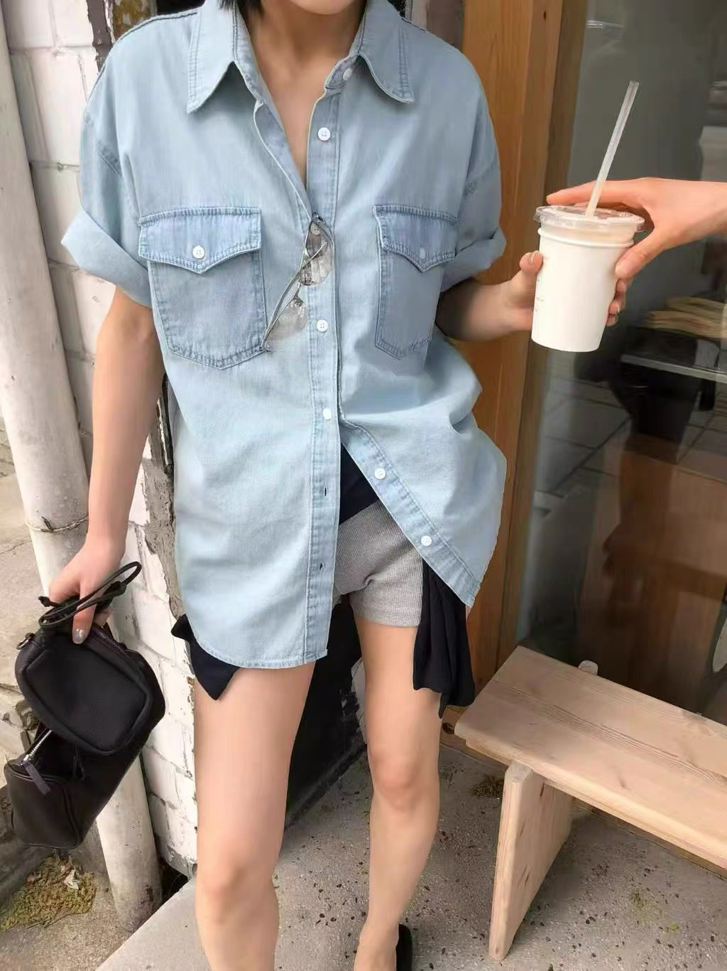 동대문 캐주얼 루즈핏 주머니 데님 반팔 셔츠