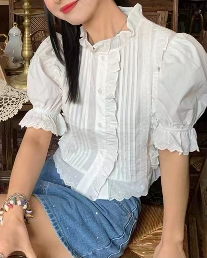 화이트 레이스 거품 소매 셔츠 나팔 레이스 스탠드 칼라 플리츠 반팔 셔츠 작은 셔츠 쇼트 스타일 맨위
