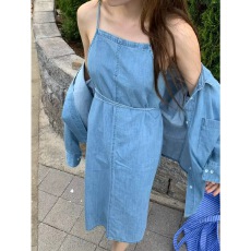 批发26夏 韩国  百搭软薄一片式绑带吊带<b class='q'>连衣裙</b>过膝休闲牛仔