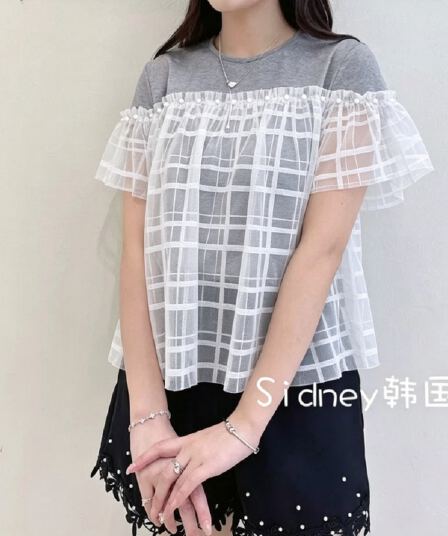 재고 있음 패치워크 망사 페이크 레이어드 반팔 티셔츠 여성 여름 새로운 자이언트 잘 생긴 슬림해 보이는 디자인 센스 맨위