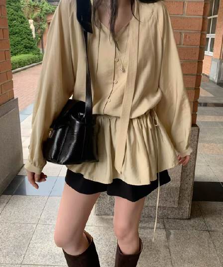 동대문 패션 작은 대중 클래식 단색 chic 바람 루즈핏 레이스 업 셔츠