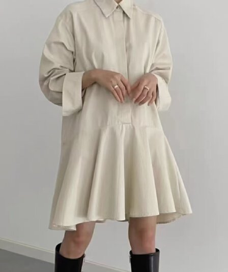 한국 chic 연령 감소 루즈핏 싱글 줄 버튼 폴로 칼라 프릴 인형 셔츠 드레스