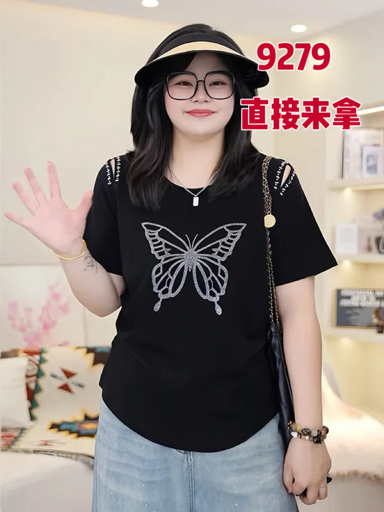 꿈 丞 나비 프린트 빅 사이즈 여성 의류 오프숄더 라운드 넥 반팔 티셔츠 디자인 센스 동정 표지 고기 슬림해 보이는 켜기