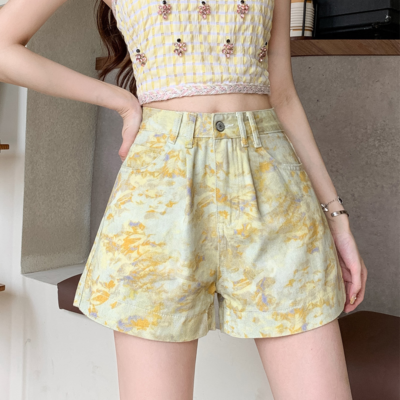 MY7892# 扎染辣妹牛仔短裤女夏季新款高腰设计感a字显瘦阔腿热裤女裝貨...