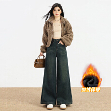 批发实拍怀旧蓝加绒加厚直筒<b class='q'>牛仔裤</b>女秋冬新款梨型身材高腰显瘦阔腿裤