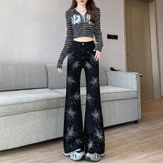 批发实拍美式高街烫钻牛仔裤女<b class='q'>冬</b>季2026新款高腰宽松显瘦直筒阔腿长裤