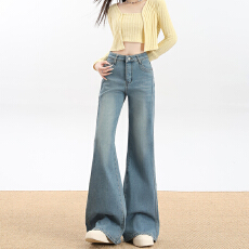批发实拍蓝色不贴腿微喇<b class='q'>牛仔裤</b>女2026春季新款高腰弹力显瘦阔腿<b class='q'>喇叭</b><b class='q'>裤</b>