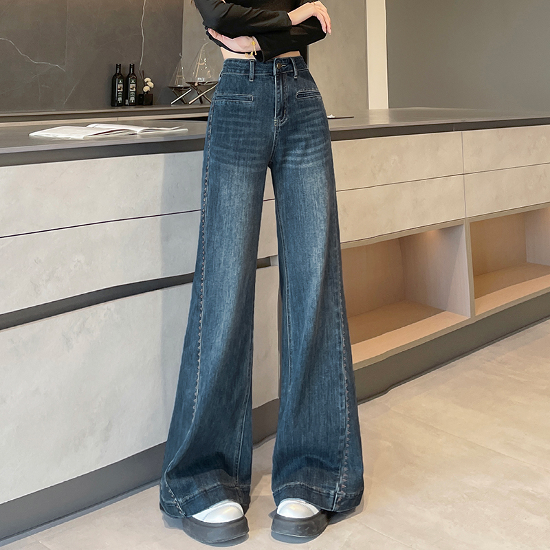 实拍阔腿牛仔裤女春秋2026新款高腰超火宽松显瘦垂感直筒拖地裤子