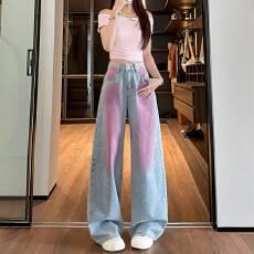 批发实拍美式浅蓝腮红涂色阔腿<b class='q'>牛仔裤</b>女2026春新款宽松显瘦拖地直筒裤