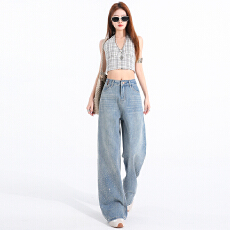 批发<b class='q'>实拍</b>重工烫钻满天星牛仔<b class='q'>裤</b>女2026春季新款高腰阔腿显瘦设计感长<b class='q'>裤</b>