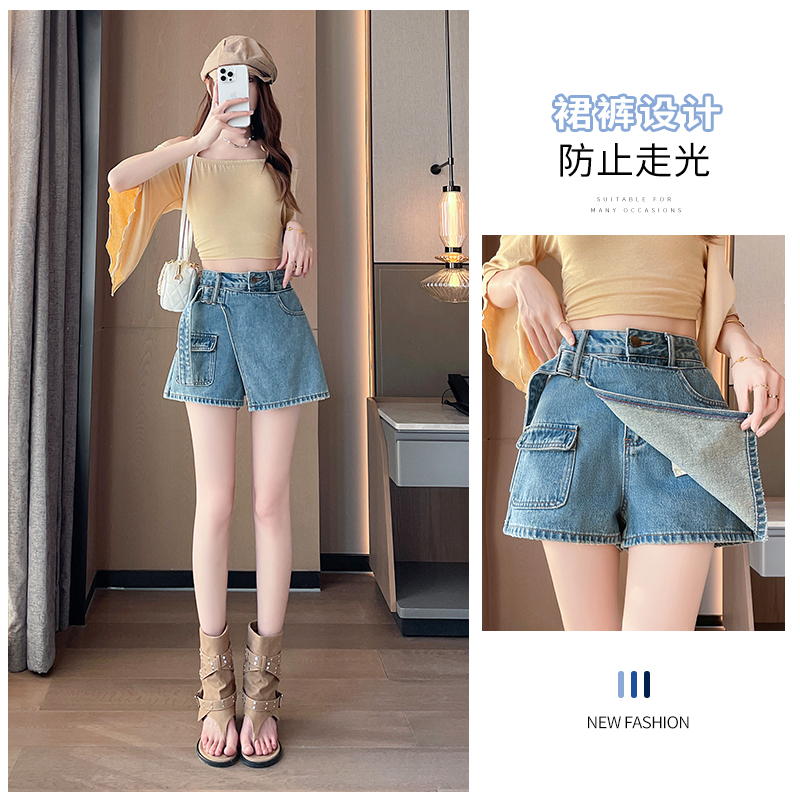 실사 페이크 레이어드 데님 짧은 치마바지 여성 여름 한 마디 하이웨이스트 불규칙 벨트 치마바지 작은 키 핫걸 바지