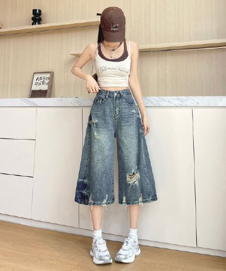 실사 아메리칸 7 점 파란색 청바지 2026 새로운 높음 거리 작은 키 스트레이트 캐주얼 5 점 중 반바지 여성