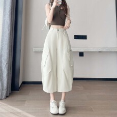 批发实拍美式白色阔腿休闲裤女夏薄款八分小个子显瘦<b class='q'>哈伦</b>洗水工装裤子